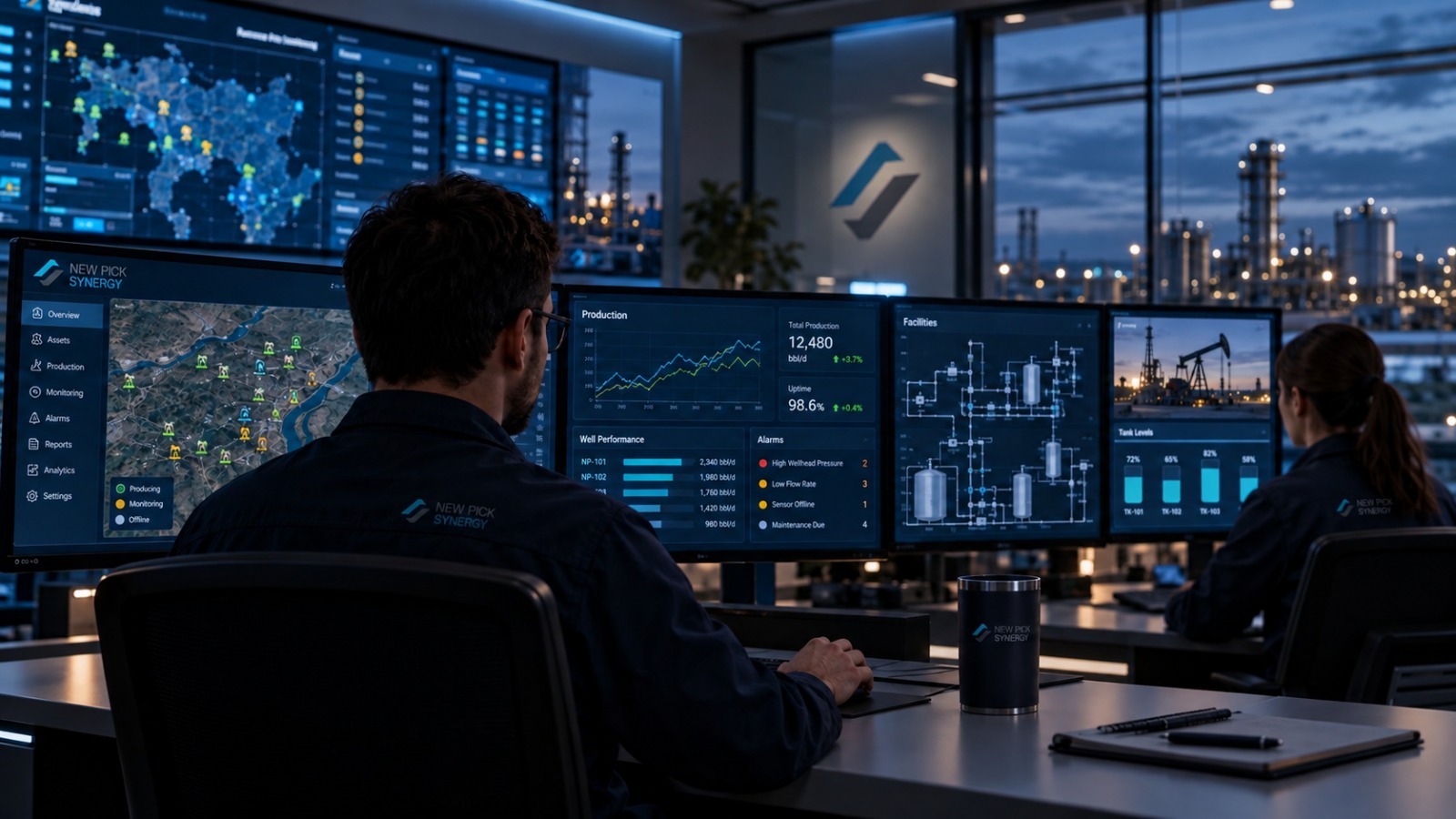 Tablero operacional NewPick Synergy con producción, alarmas y niveles de tanques en tiempo real