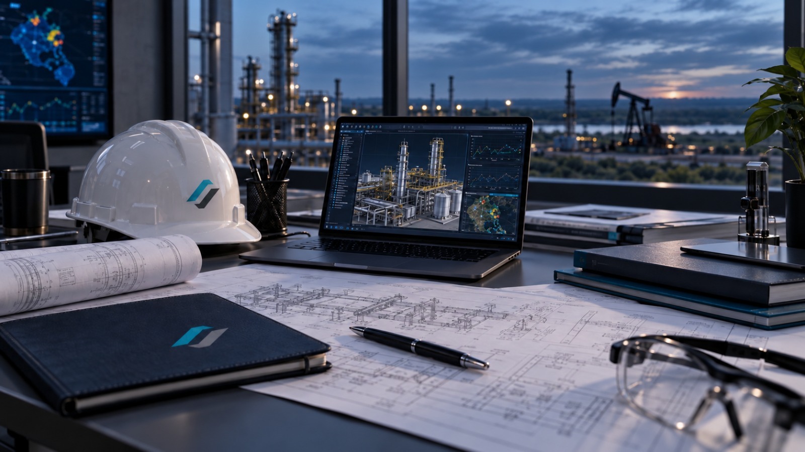 Mesa de trabajo con planos, casco y modelo 3D de instalaciones en pantalla